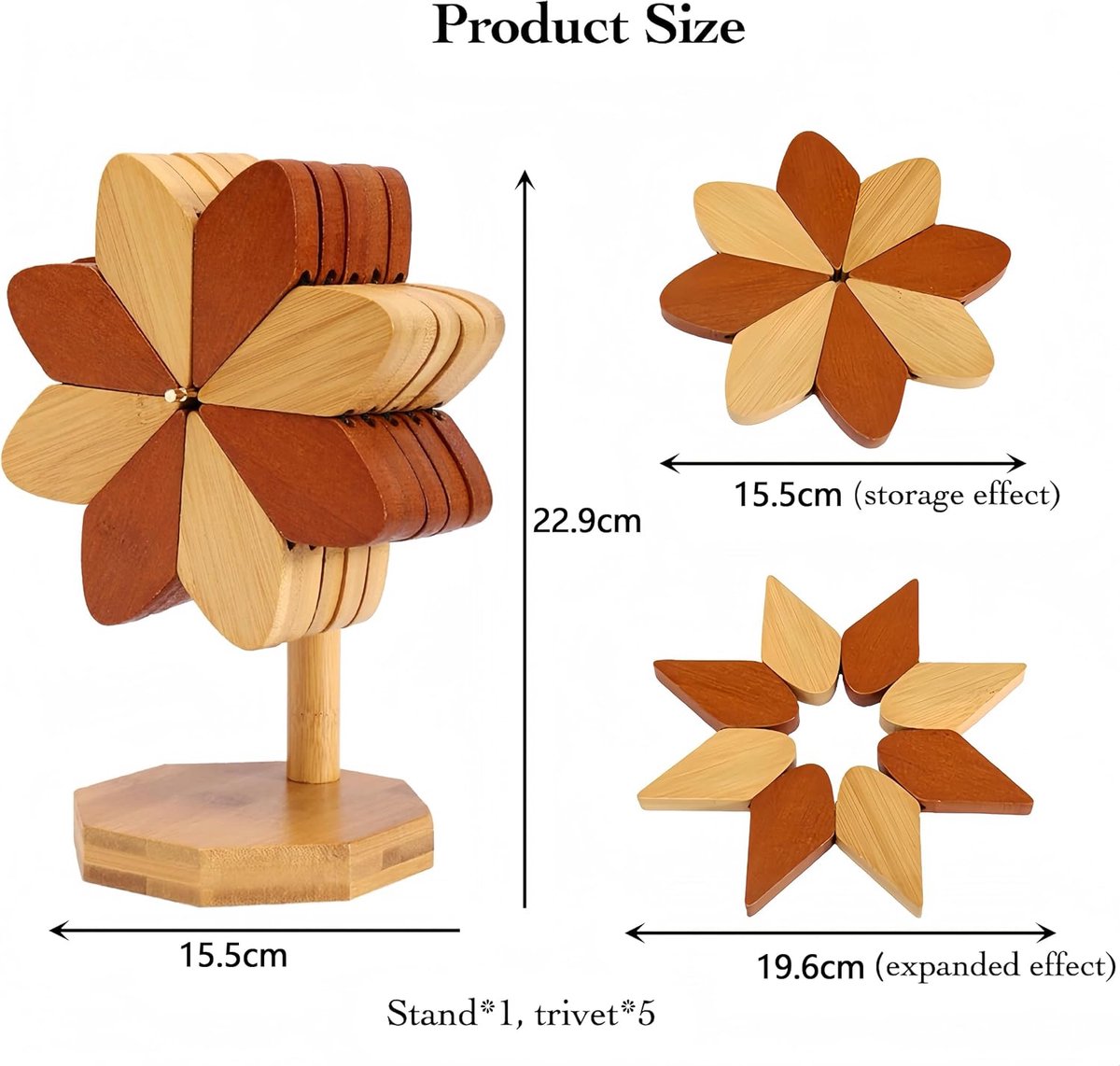 Coasters - Heat-insulating coasters - Wooden heat-insulating bowl mats - Set of coasters with floral motif - including stand - 5-piece set - Brown and natural bamboo
