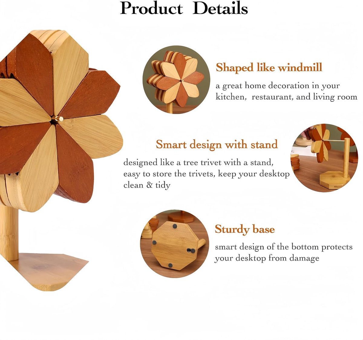 Coasters - Heat-insulating coasters - Wooden heat-insulating bowl mats - Set of coasters with floral motif - including stand - 5-piece set - Brown and natural bamboo