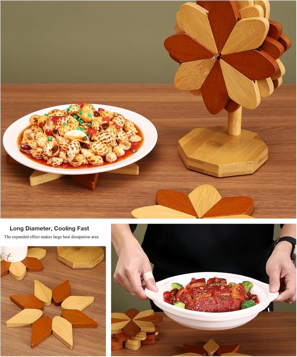 Coasters - Heat-insulating coasters - Wooden heat-insulating bowl mats - Set of coasters with floral motif - including stand - 5-piece set - Brown and natural bamboo