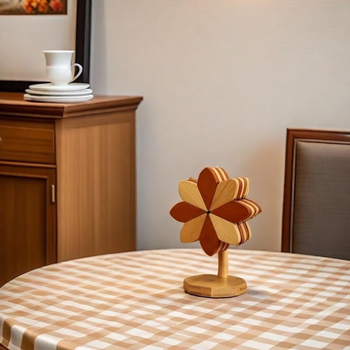 Coasters - Heat-insulating coasters - Wooden heat-insulating bowl mats - Set of coasters with floral motif - including stand - 5-piece set - Brown and natural bamboo