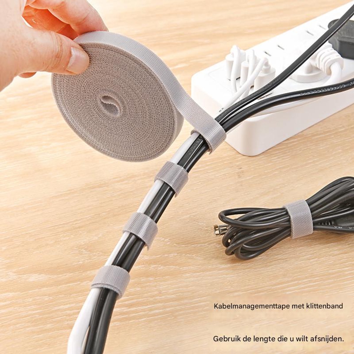 Cable Organizer with Velcro - Cable Ties for Data Cables - Reusable Straps - For storing mobile phone cables, laptop cables and chargers (Gray roll, 5 meters * 1.2 cm)