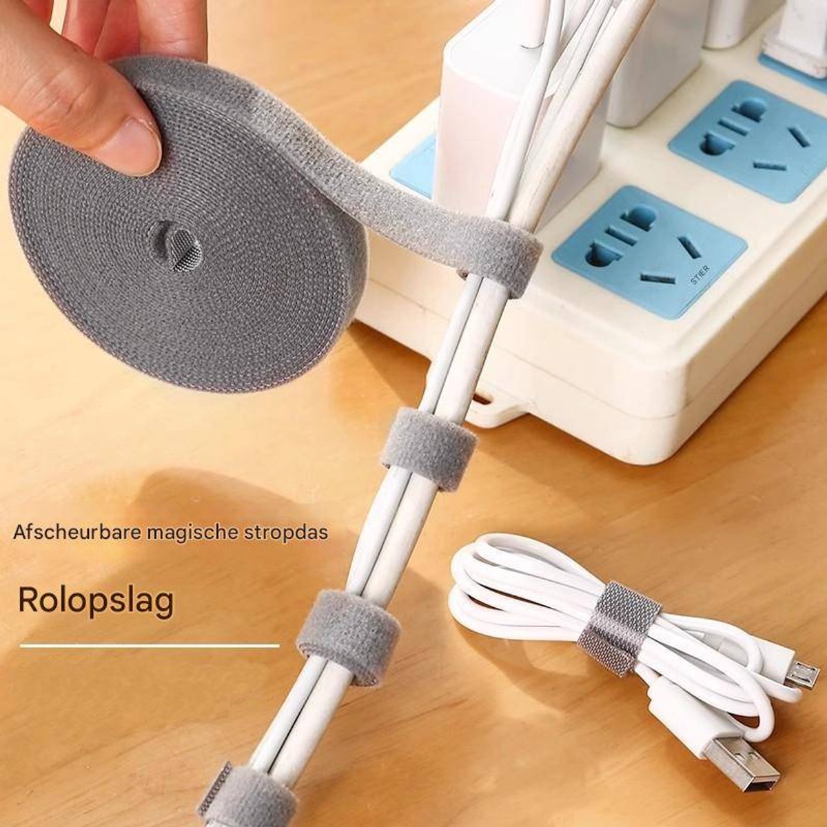 Cable Organizer with Velcro - Cable Ties for Data Cables - Reusable Straps - For storing mobile phone cables, laptop cables and chargers (Gray roll, 5 meters * 1.2 cm)