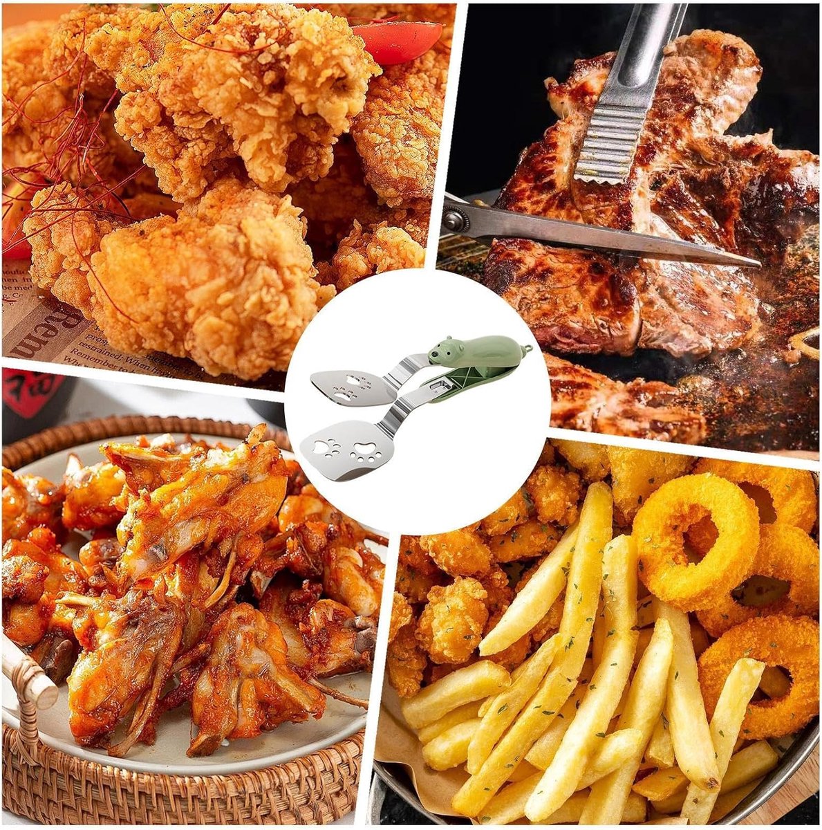 Spatula - Set of Two - Baking Tongs - Stainless Steel Tongs with Bear Claw Shape - Suitable for kitchen and camping use, for making pasta, toast, baking, desserts, canned food and barbecuing.