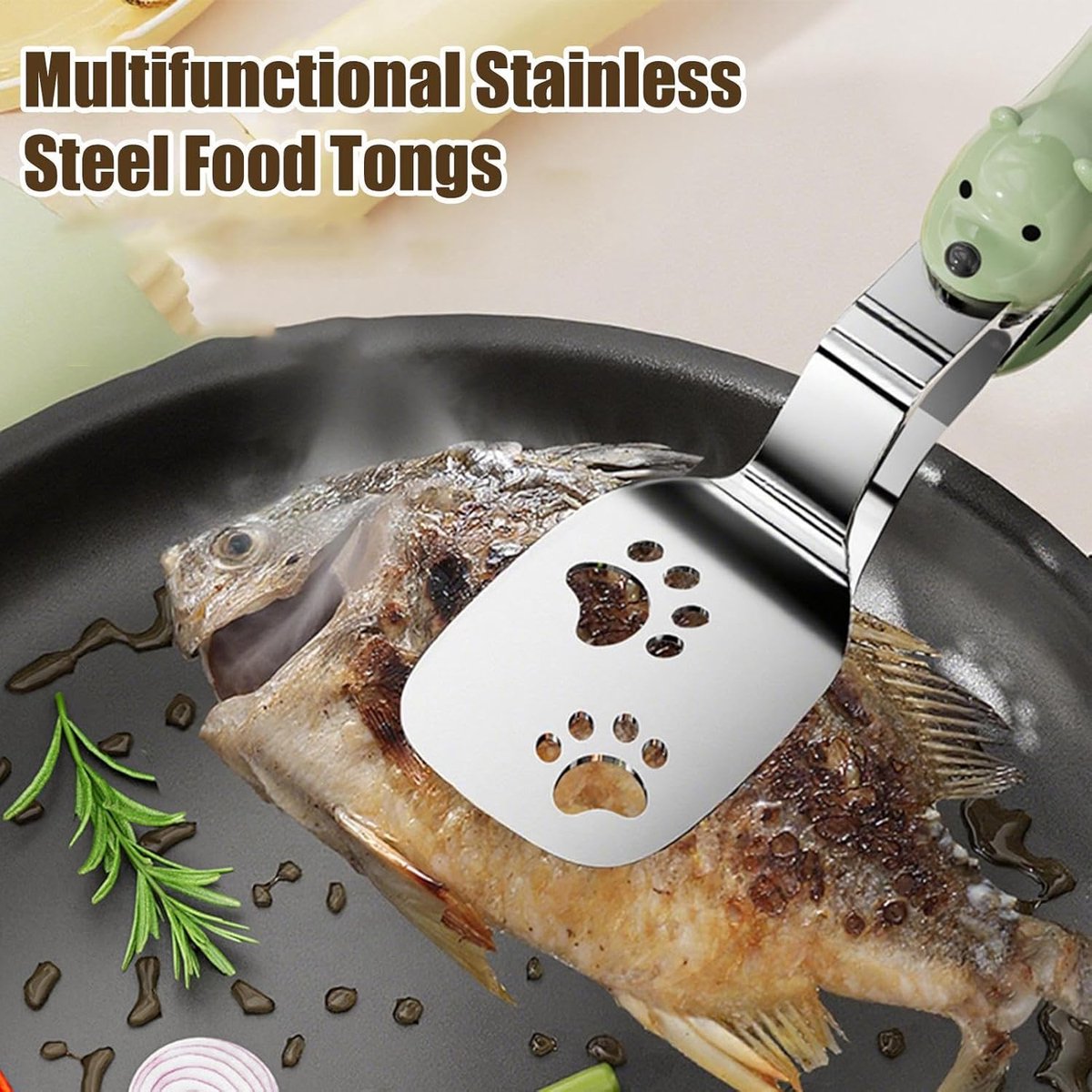 Spatula - Set of Two - Baking Tongs - Stainless Steel Tongs with Bear Claw Shape - Suitable for kitchen and camping use, for making pasta, toast, baking, desserts, canned food and barbecuing.