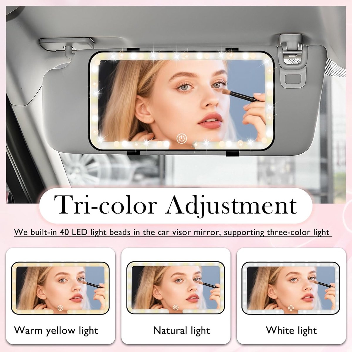 LED Lighted Sun Visor Mirror - Lighted Makeup Mirror - Dimmable Illuminated Makeup Mirror for Car - 3 Light Colors - Dimmable - Smart Touch - Type-C Charging Port
