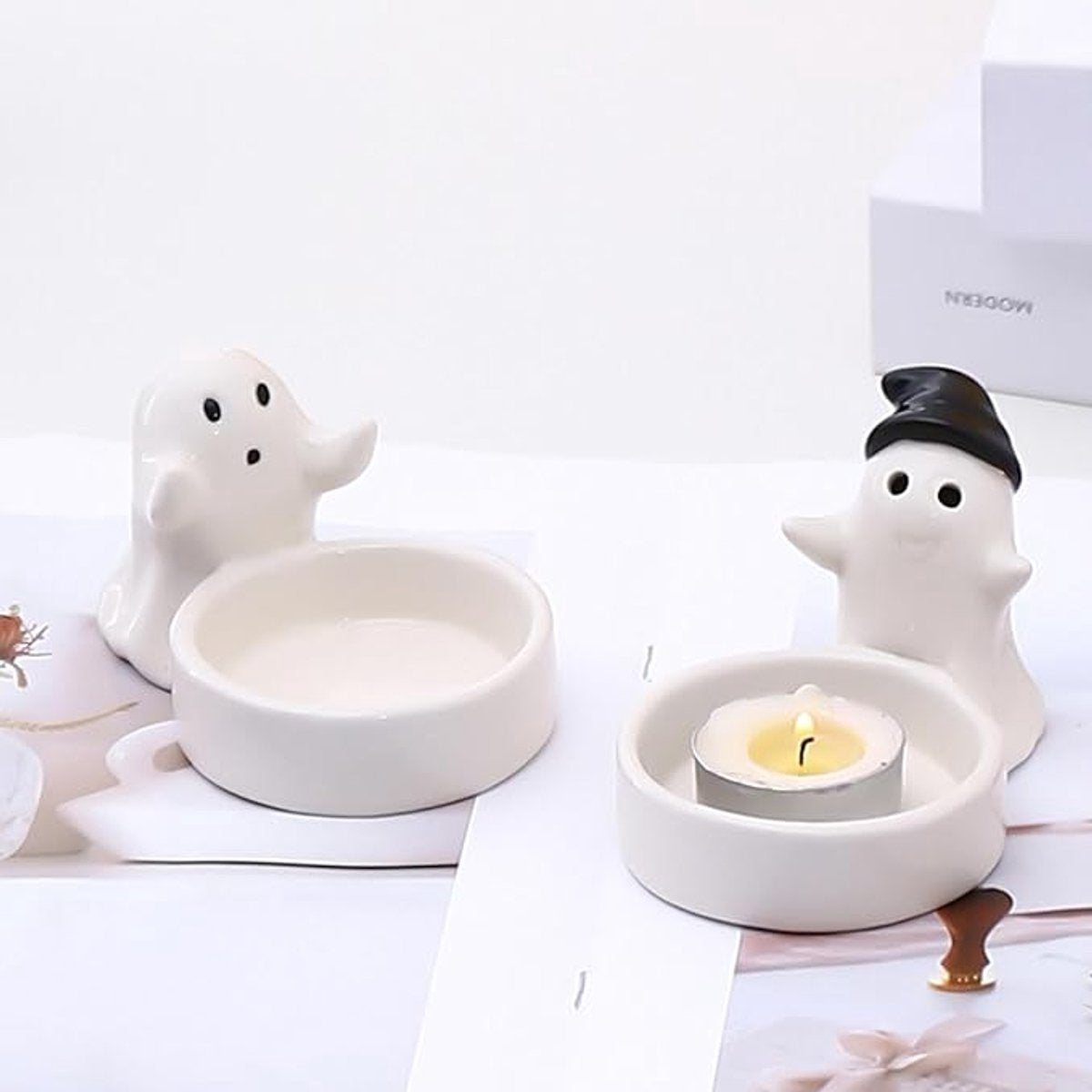 1 Piece - Ceramic Ghost Candle Holder - Cute Ghost Ornament - Birthday Gift - Desk Decoration (Style 2)