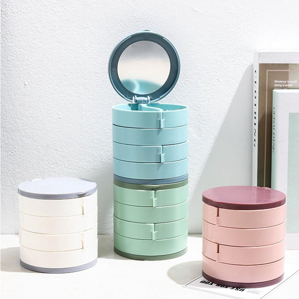 Jewelry Box - Foldable Storage Box - Rotating Jewelry Box with Multiple Layers - Elegant Storage Box for Earrings - Dust-free and Compact - Suitable for Earrings and Jewelry (Blue)