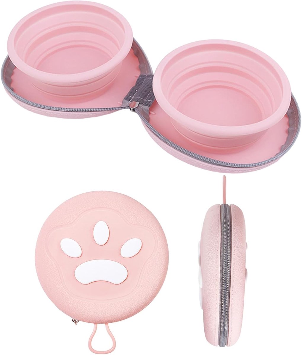 Dog Food Bowl - Foldable Dog Food Bowl - Outdoor Pet Food Bowl - 2-in-1 Dog Food Bowl - with Zippered Storage Bag and Carabiner - Suitable for Travel, Hiking, Camping and Other Activities (Pink)