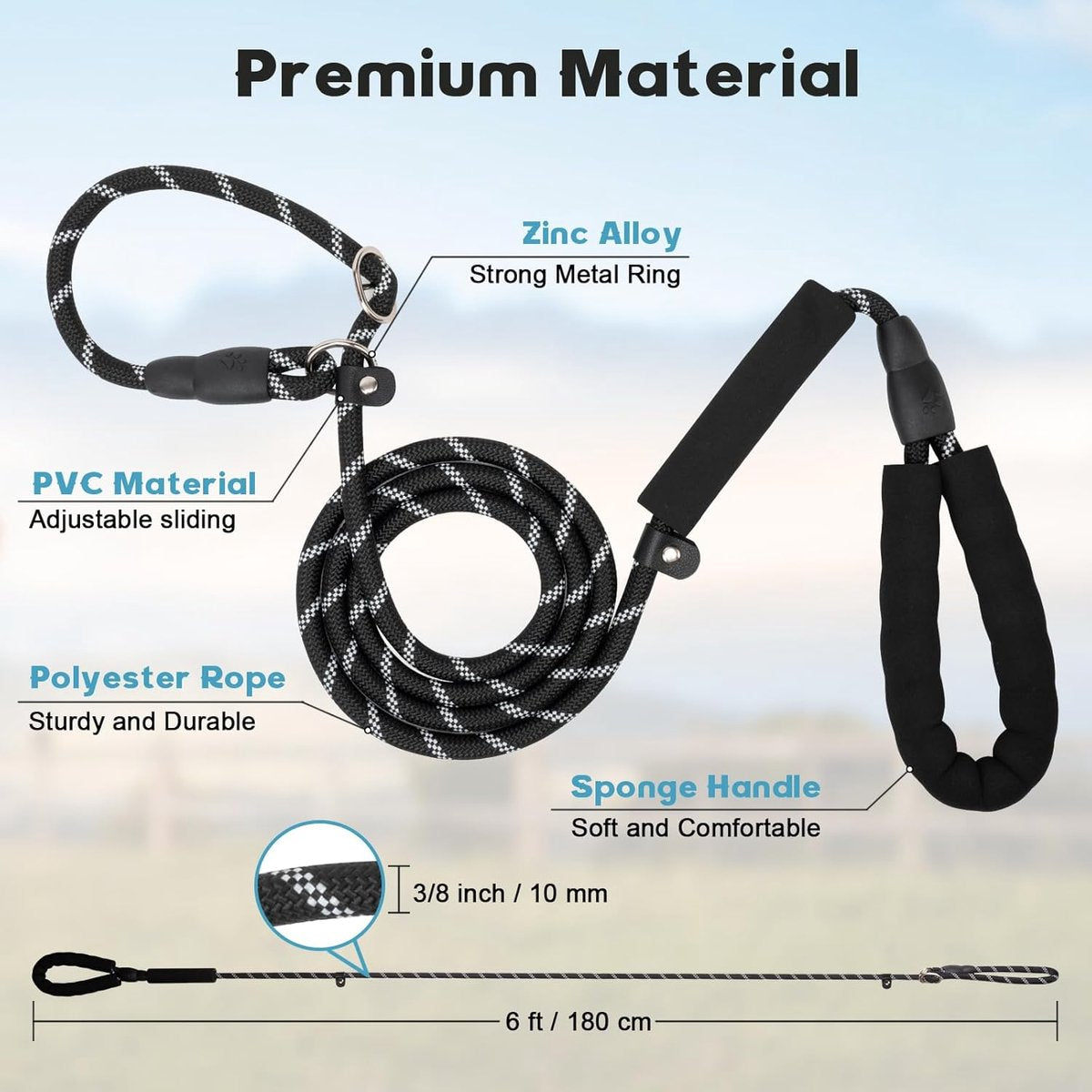 1.8m Long Dog Training Leash - Durable, tension-free polyester dog leash with two padded handles and reflective thread - For small and medium-sized dogs - Black