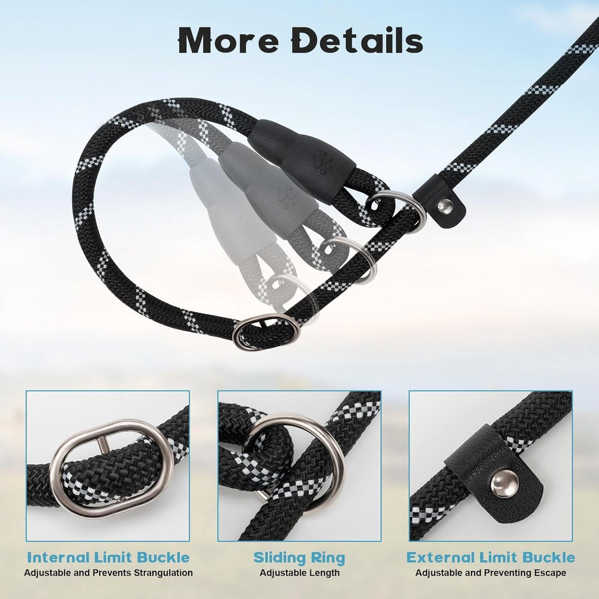 1.8m Long Dog Training Leash - Durable, tension-free polyester dog leash with two padded handles and reflective thread - For small and medium-sized dogs - Black