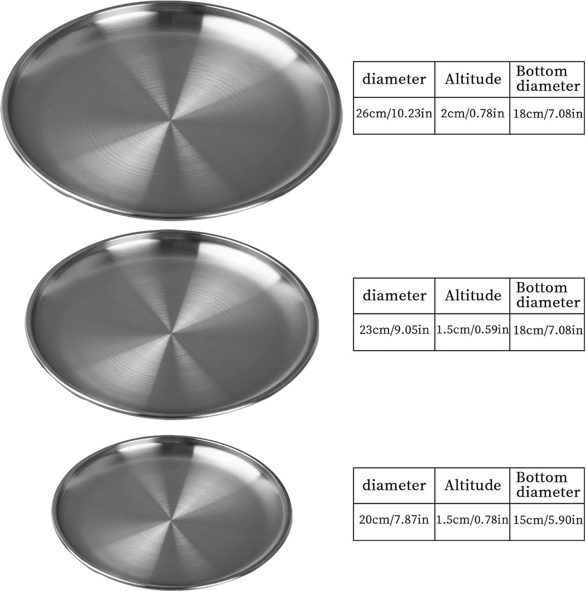 Dinner Plates - 3-Piece - Stainless Steel Plates - 20cm, 23cm, 26cm - Matte Finish - Reusable - Suitable for outdoor use, picnics, kitchens, and parties