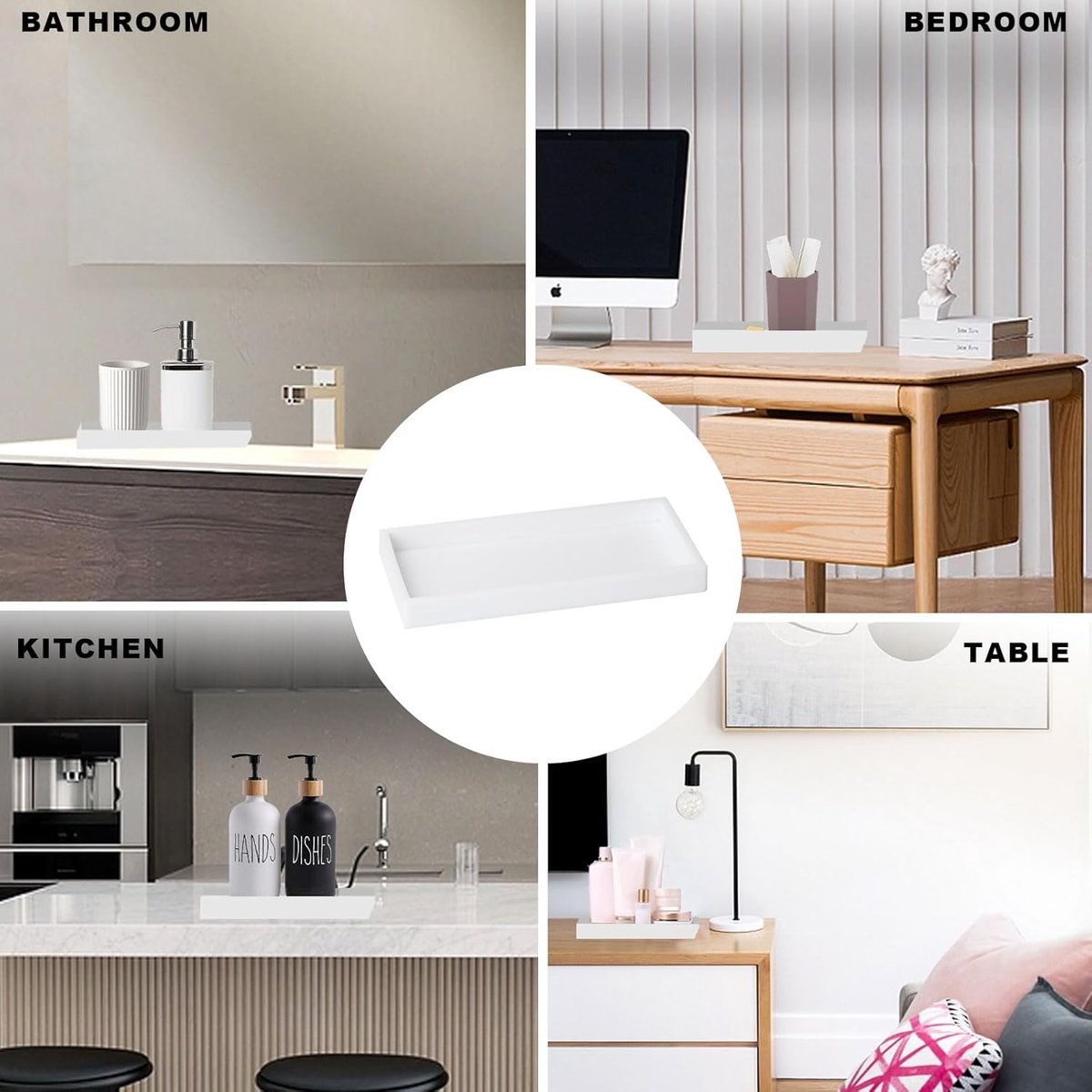 Tray - Two-piece set - Dressing table tray - Bathroom storage tray - Cosmetics storage tray - Bathroom storage box - Suitable for storing candles, soap, towels, perfume, etc. - White - 20x10x1.8 cm