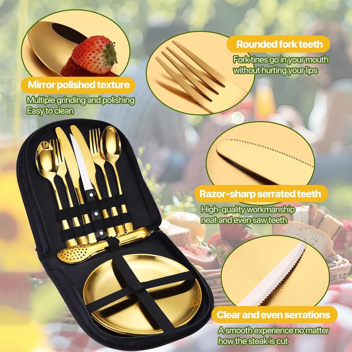 2 Person Cutlery Set (10-piece) - Camping Set for 2 People - Spoons, Knives, Forks, Steak Knives - 10 Pieces Stainless Steel Cutlery - Including Carrying Bag - For Picnic & Travel - Gold