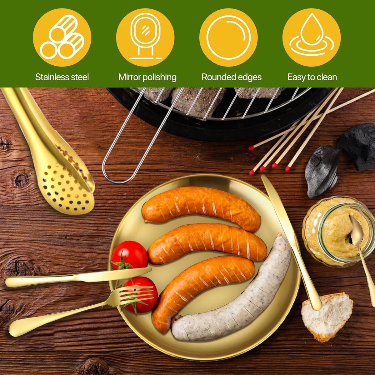 2 Person Cutlery Set (10-piece) - Camping Set for 2 People - Spoons, Knives, Forks, Steak Knives - 10 Pieces Stainless Steel Cutlery - Including Carrying Bag - For Picnic & Travel - Gold