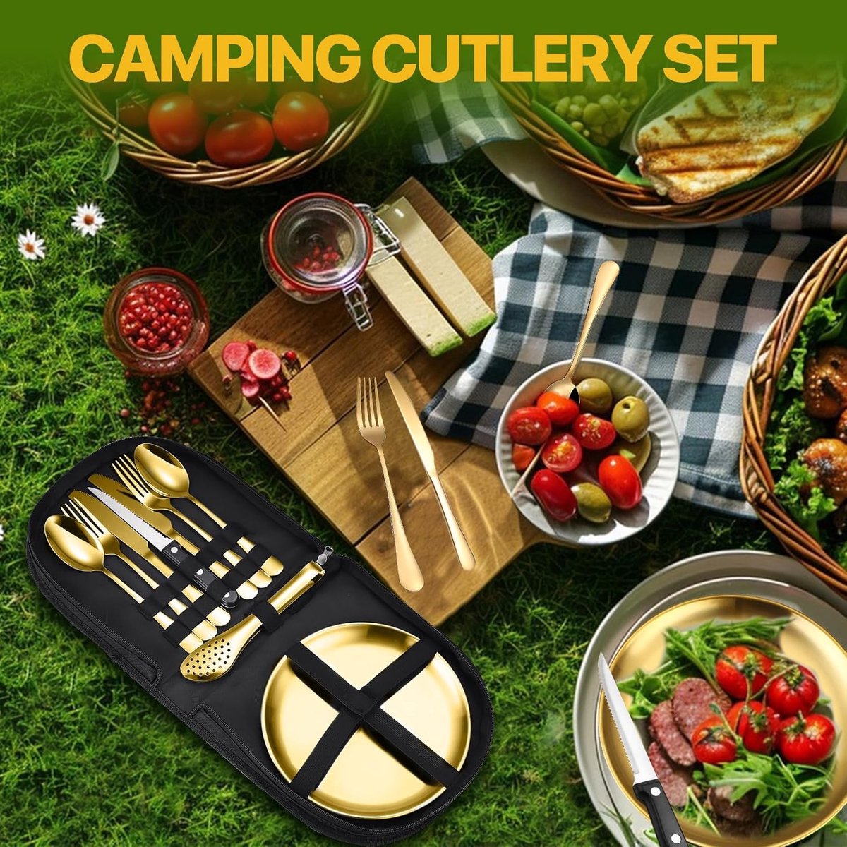 2 Person Cutlery Set (10-piece) - Camping Set for 2 People - Spoons, Knives, Forks, Steak Knives - 10 Pieces Stainless Steel Cutlery - Including Carrying Bag - For Picnic & Travel - Gold