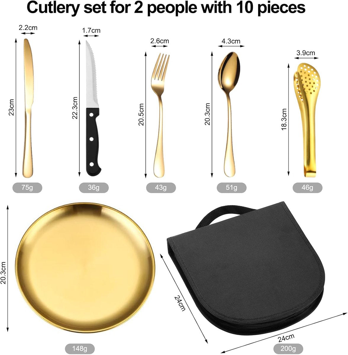 2 Person Cutlery Set (10-piece) - Camping Set for 2 People - Spoons, Knives, Forks, Steak Knives - 10 Pieces Stainless Steel Cutlery - Including Carrying Bag - For Picnic & Travel - Gold