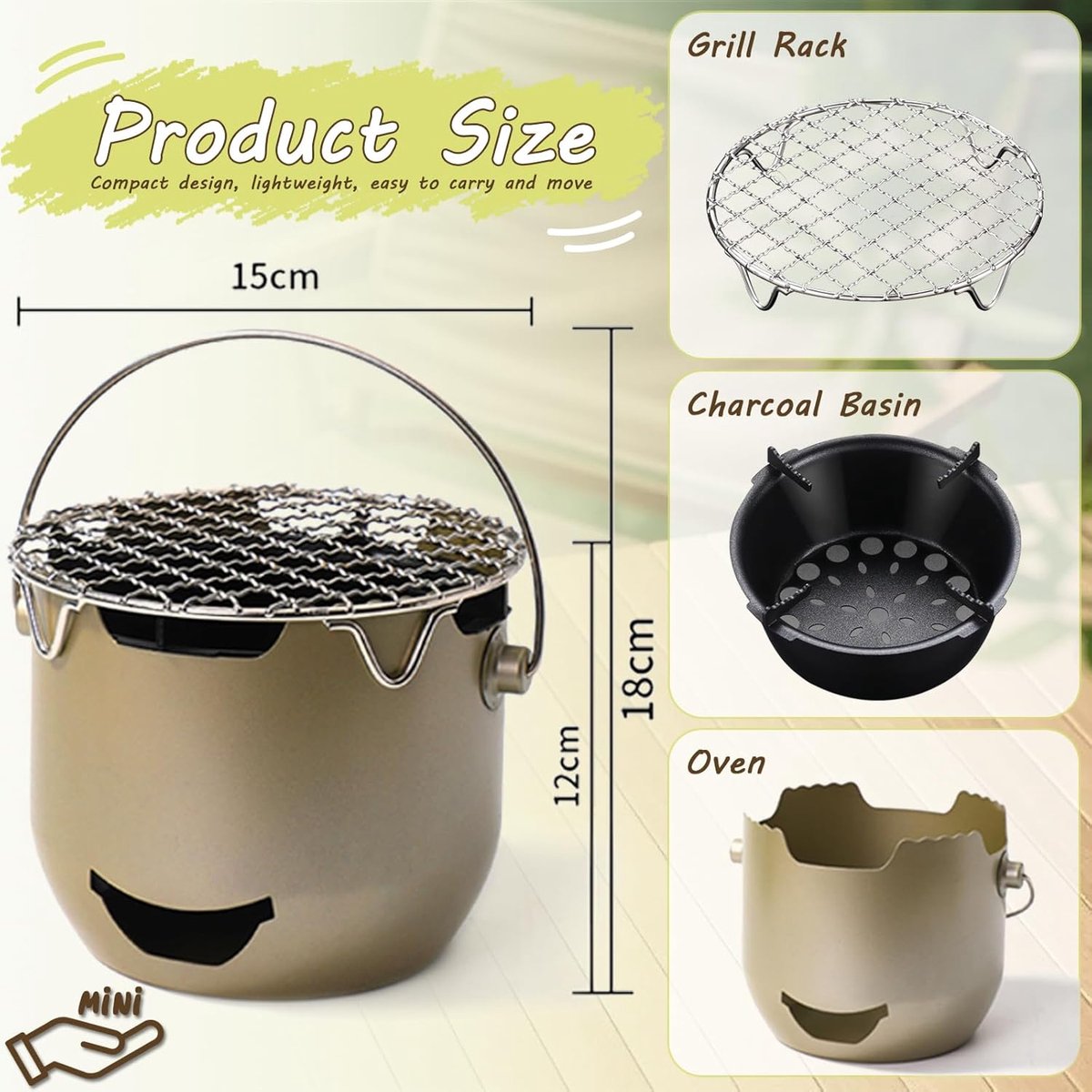 Grill - Portable Charcoal Grill - Mini Stainless Steel Charcoal Grill - Small Outdoor Grill - Suitable for Camping, Backyard BBQs, RVs and Picnics (Green)