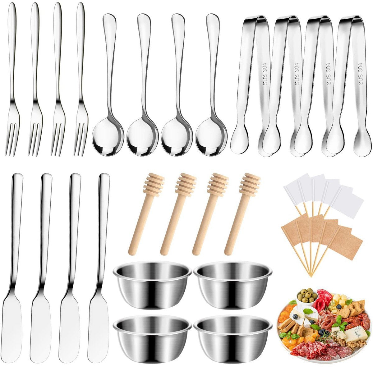 cutlery set - 34-piece set - cheese knife | pastry forks | oval coffee spoons | kitchen tongs &amp; serving tongs | stirring spoon | stainless steel bowl | blank food labels
