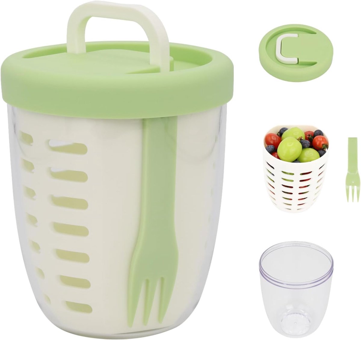 Fruit Bowl - Salad Bowl - Leakproof reusable food container with lid and draining basket - Suitable for work, school, and travel. - 650 ml (Vegetable)