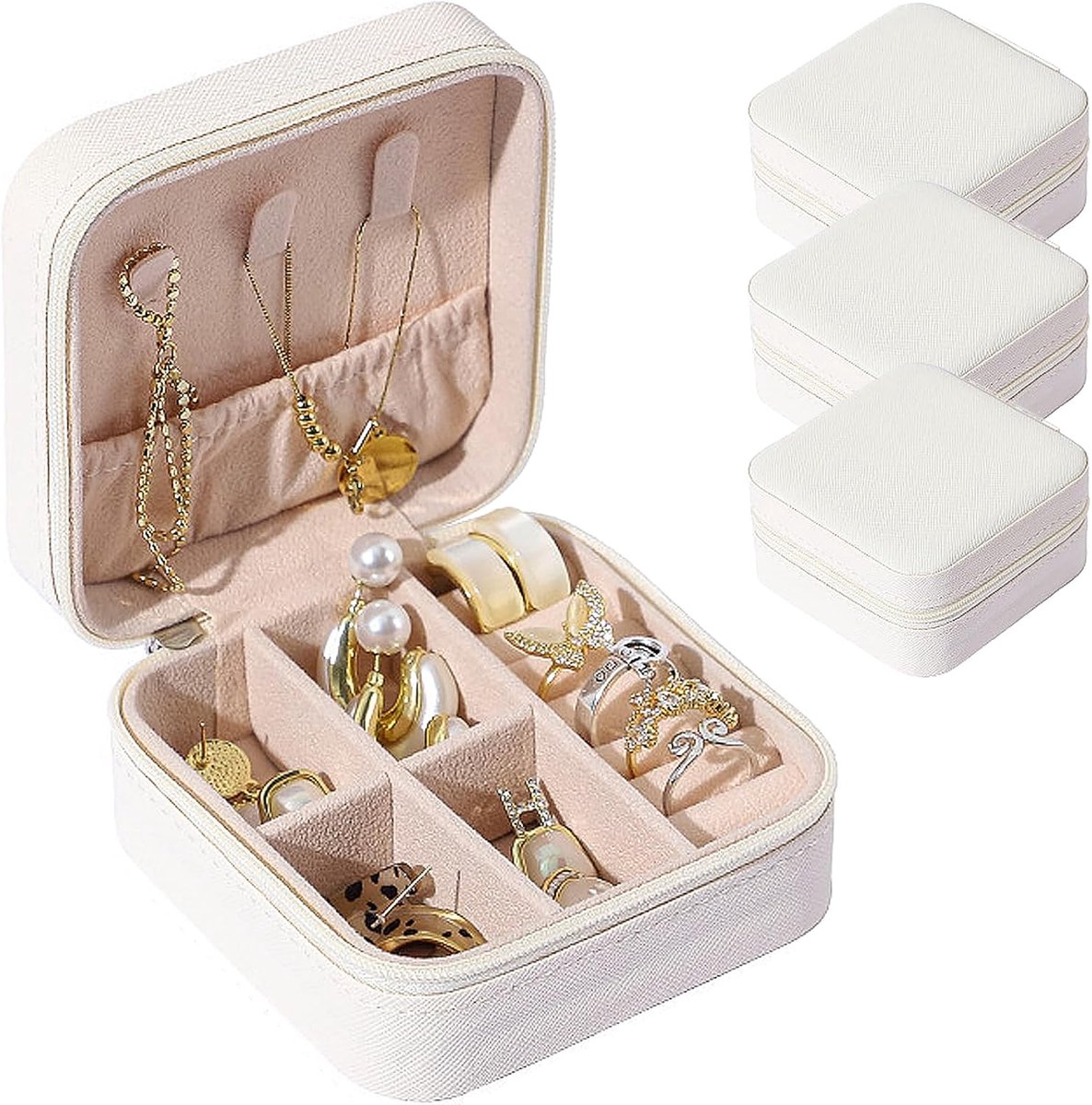 Jewelry Organizer Set - 3-Piece Set - Leather Jewelry Box - Portable Jewelry Organizer - Rings, Earrings, Necklaces, Bracelets - (White) - Jewelry Organizer - Christmas Gift - Birthday Gift