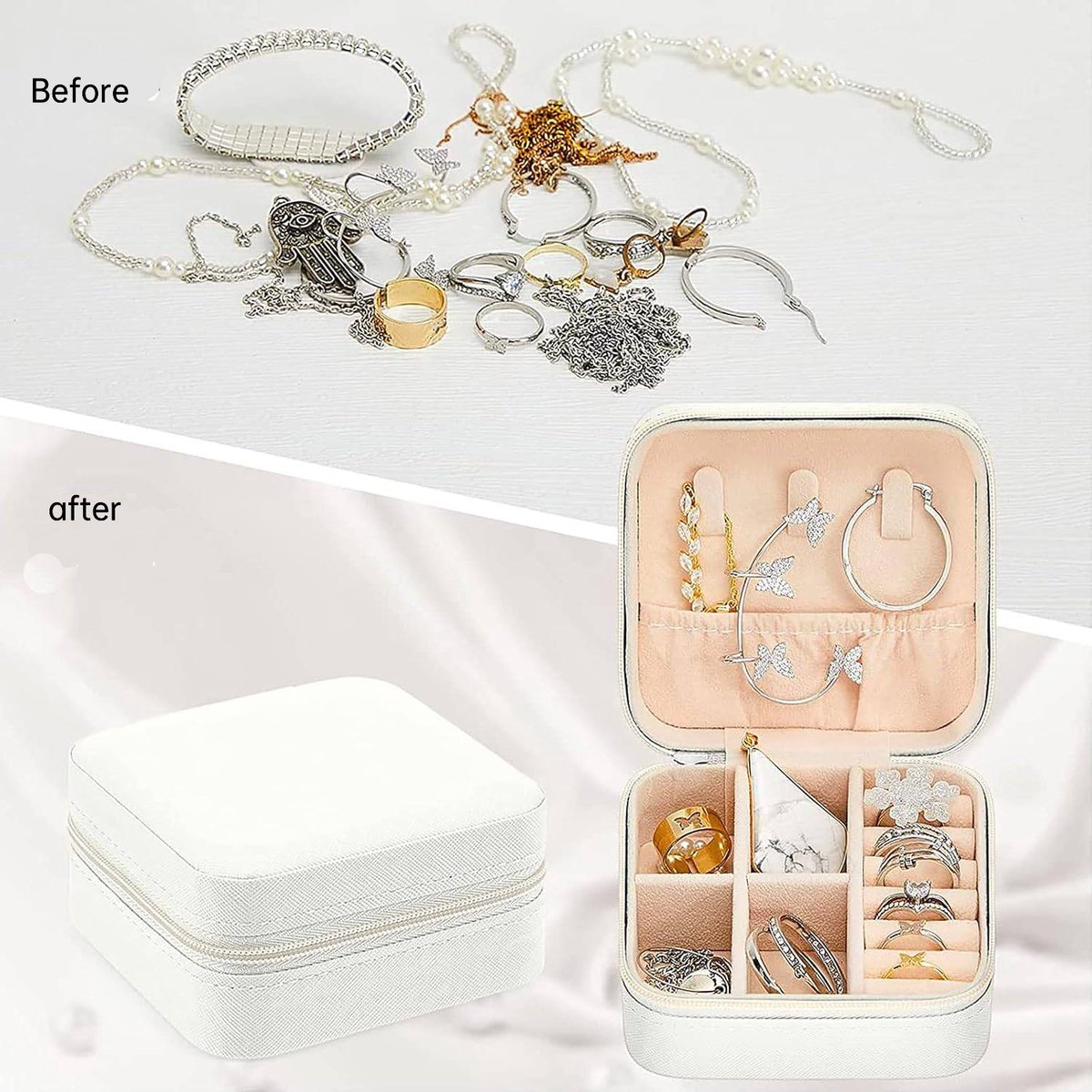 Jewelry Organizer Set - 3-Piece Set - Leather Jewelry Box - Portable Jewelry Organizer - Rings, Earrings, Necklaces, Bracelets - (White) - Jewelry Organizer - Christmas Gift - Birthday Gift