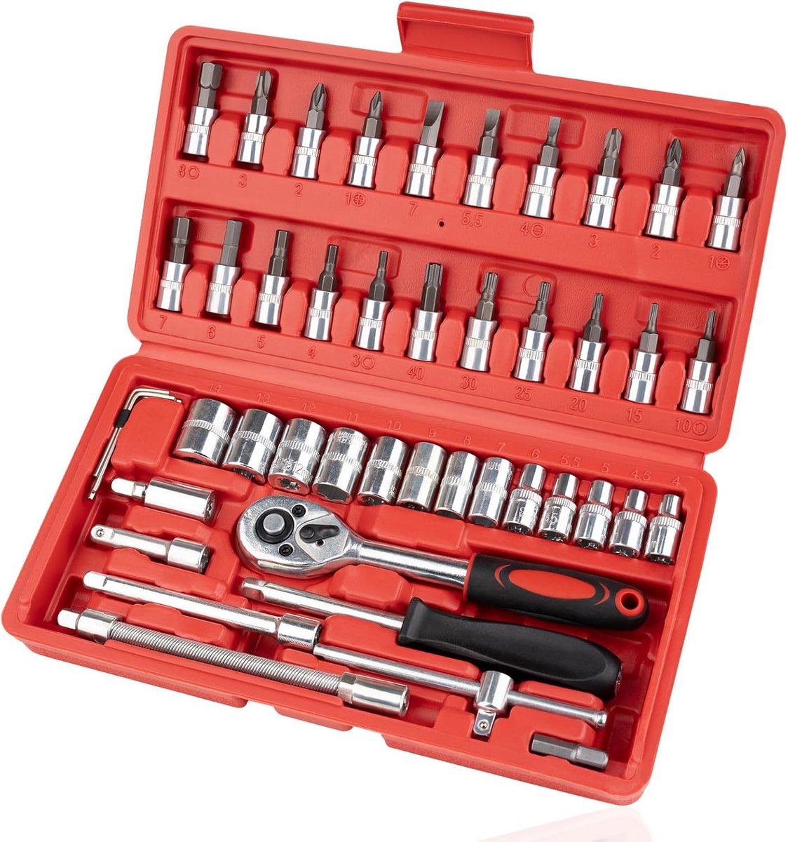 46-Piece Wrench & Ratchet Set - 1/4 Inch Metric for Cars - Compact Storage Case