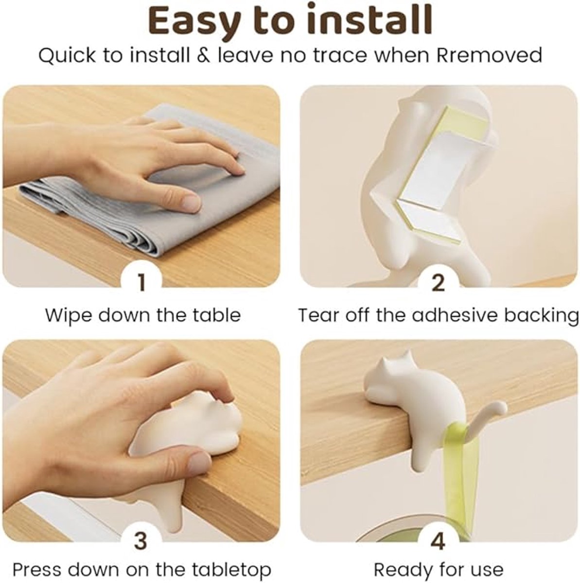 Hooks - 4-Pack - Cat Shape - Backpack Hooks - Non-Slip Hooks - No Drilling Required - Compact and Portable - Suitable for office, home, etc., and can also be used for home decoration. (Black + Off-White + Yellow + Pink)