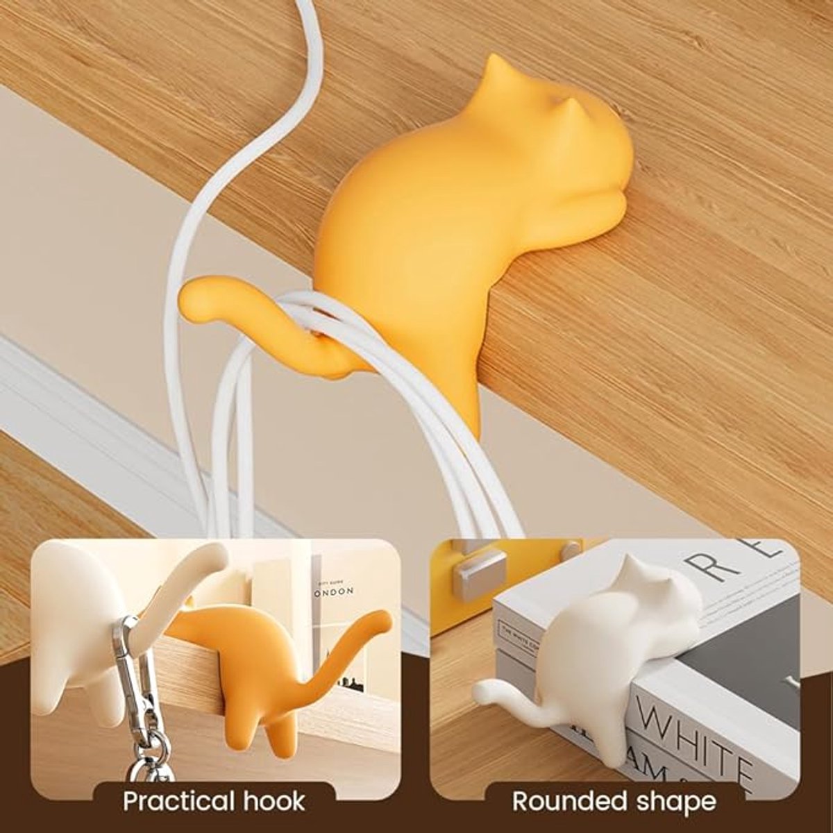 Hooks - 4-Pack - Cat Shape - Backpack Hooks - Non-Slip Hooks - No Drilling Required - Compact and Portable - Suitable for office, home, etc., and can also be used for home decoration. (Black + Off-White + Yellow + Pink)