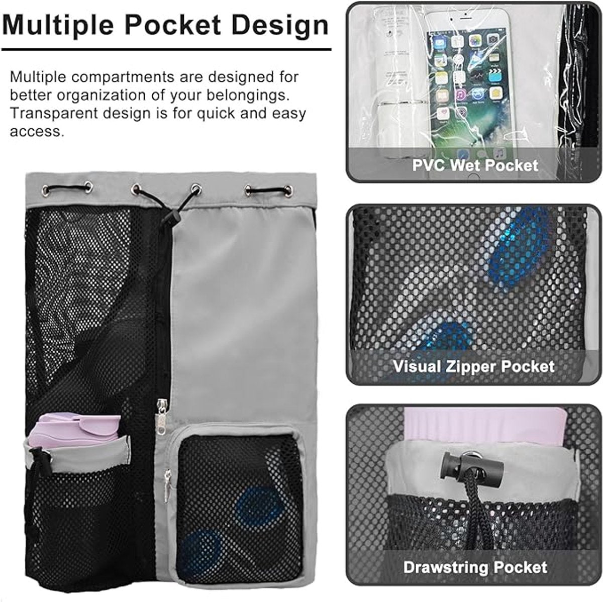Backpack - Sports Bag - Travel Bag - Training Bag - Swimming Bag - 30*15*45cm - Mesh Material - Drawstring Design - Side Storage Space - Unisex - Suitable for Fitness, Swimming, Travel, Dancing, Camping（Gray）