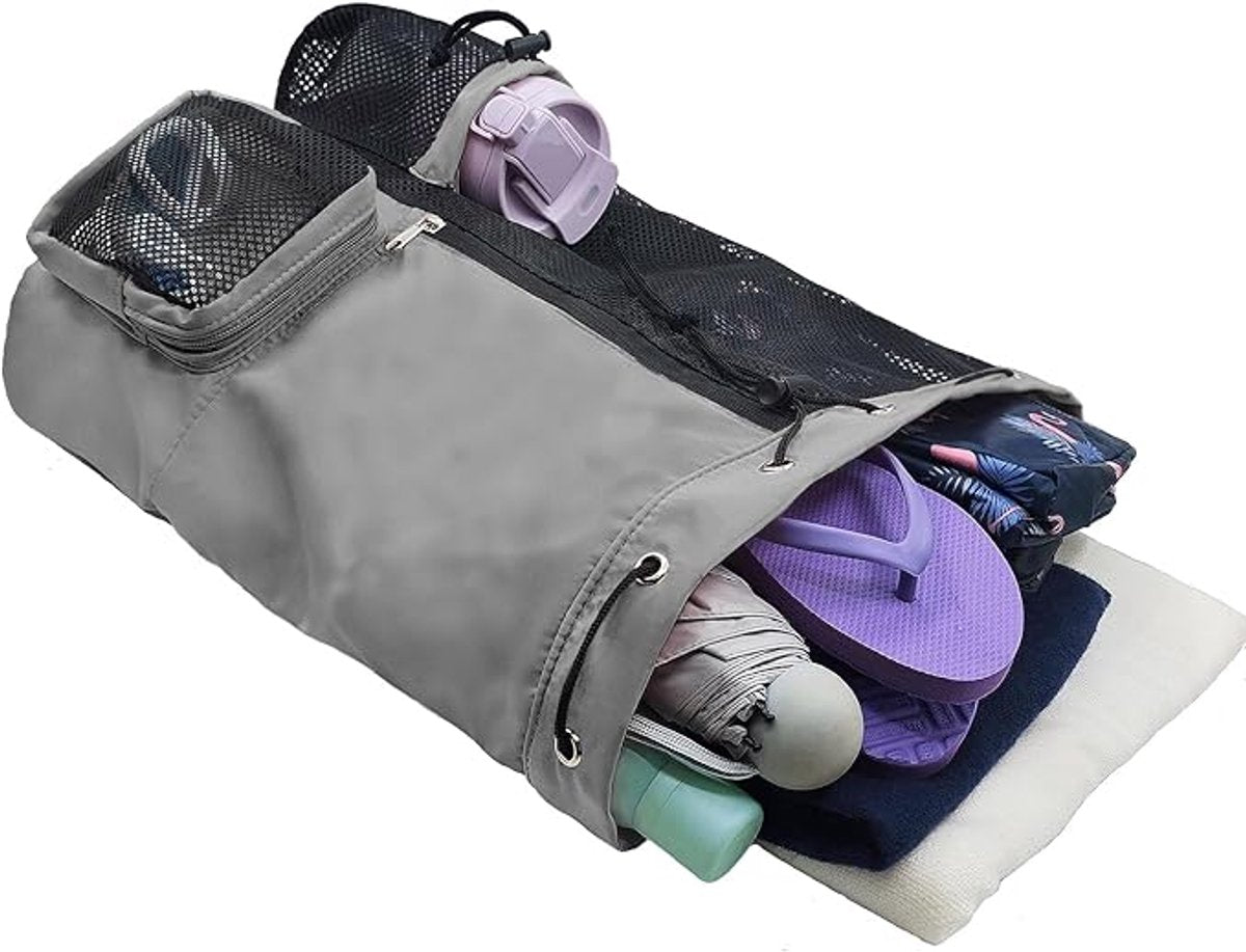 Backpack - Sports Bag - Travel Bag - Training Bag - Swimming Bag - 30*15*45cm - Mesh Material - Drawstring Design - Side Storage Space - Unisex - Suitable for Fitness, Swimming, Travel, Dancing, Camping（Gray）