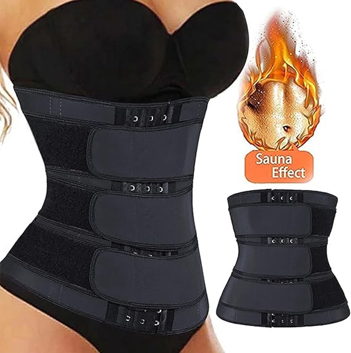 Women Sweat Reducer Training Belt - Sweatband - Waist Trainer - Slimming Belly Band - 3-Row Closure & Breathable Material - Extended Sizes (S to 6XL) - Black,S