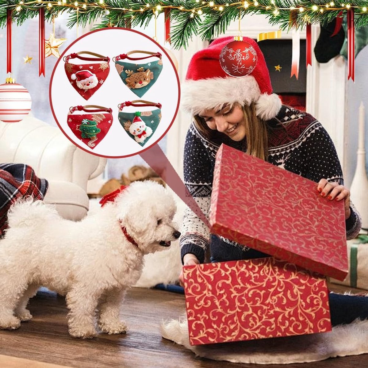 Pet Scarves - 4 Pack - Triangle Christmas Scarves for Dogs - Adjustable Scarves for Pets - Stylish and Breathable Bibs for Dogs - Buckle Design - Suitable for Autumn and Winter Christmas Outfits