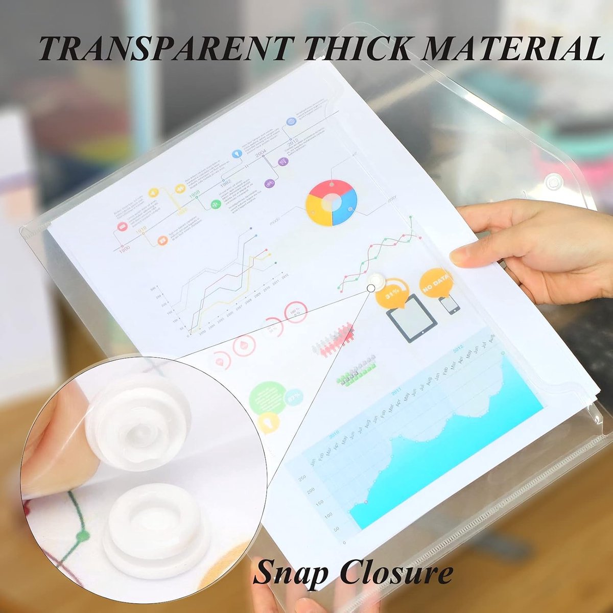 12 folders - plastic folders - transparent A4 format - waterproof - polyethylene - snap closure - ideal for office and school supplies