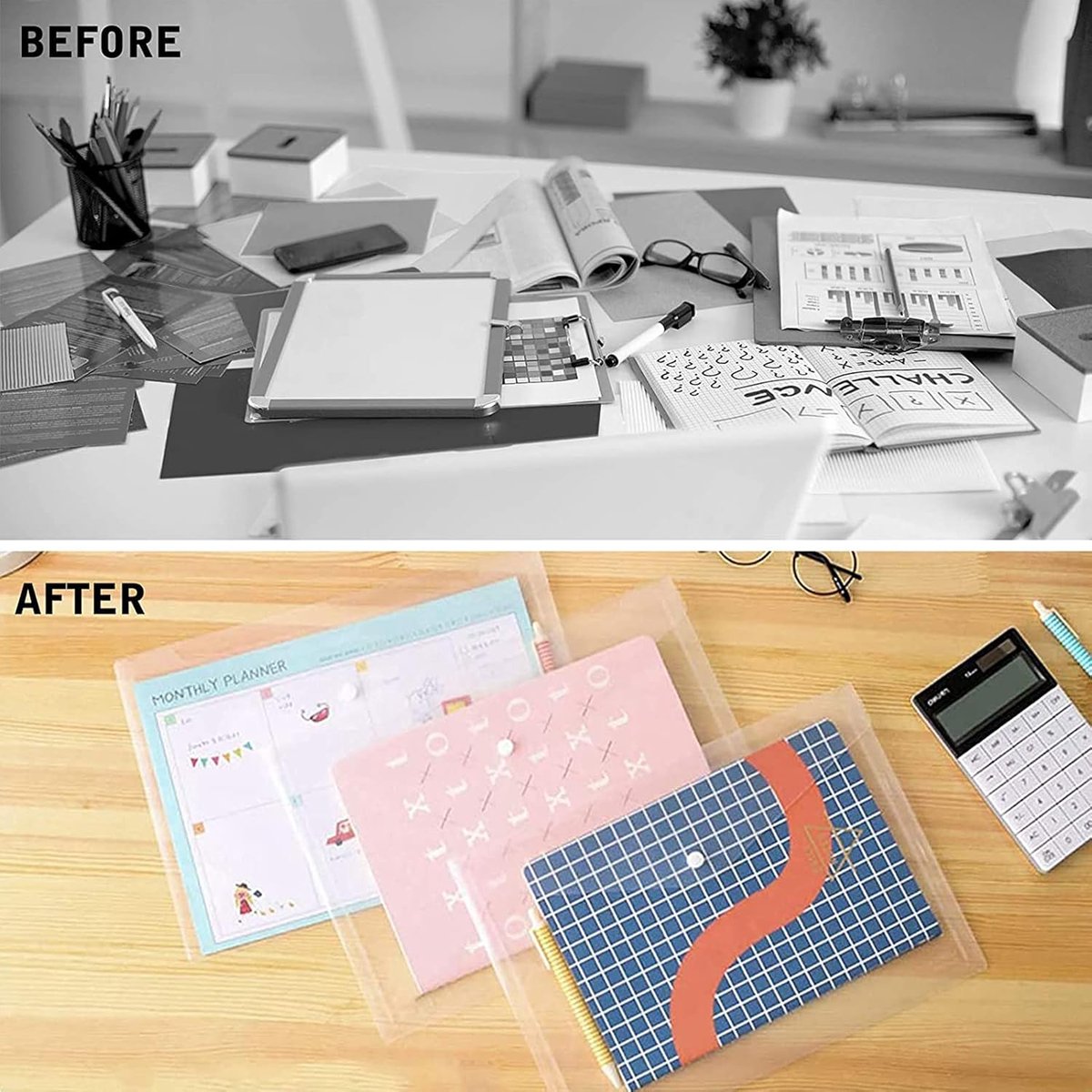 12 folders - plastic folders - transparent A4 format - waterproof - polyethylene - snap closure - ideal for office and school supplies