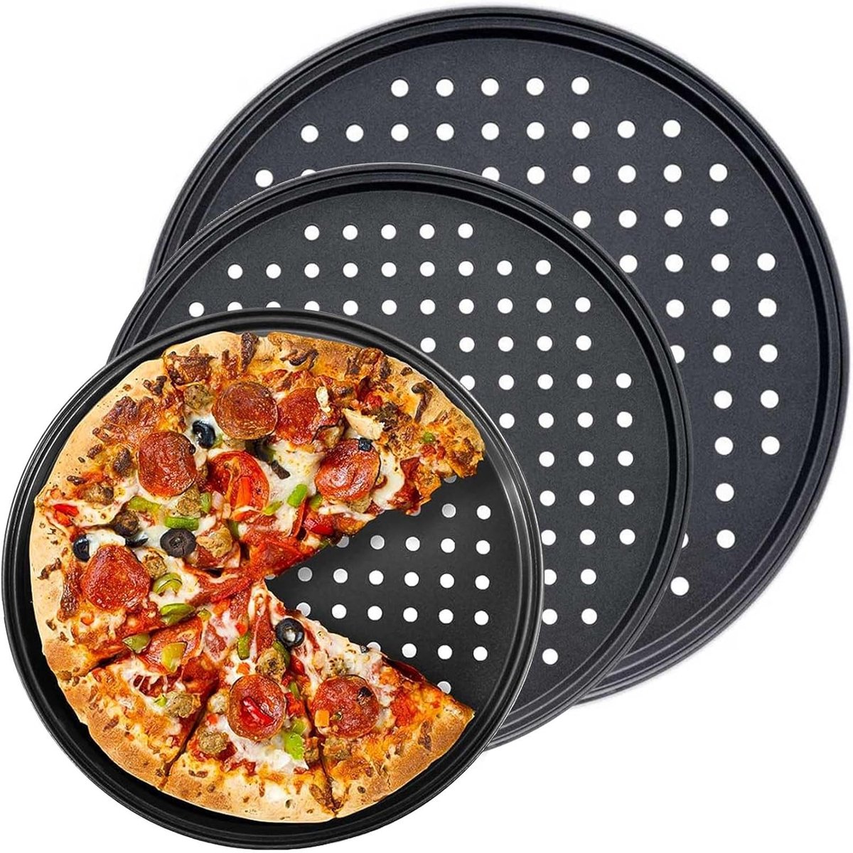 Pizza Baking Pan Set - Pizza Stone Set - Pizza Platter | Pizza Baking Tray | Pizza Plate - Carbon Steel - With Ventilation Holes - Oven-Safe - Home | Kitchen | Dining Room (26cm & 28cm & 32cm)