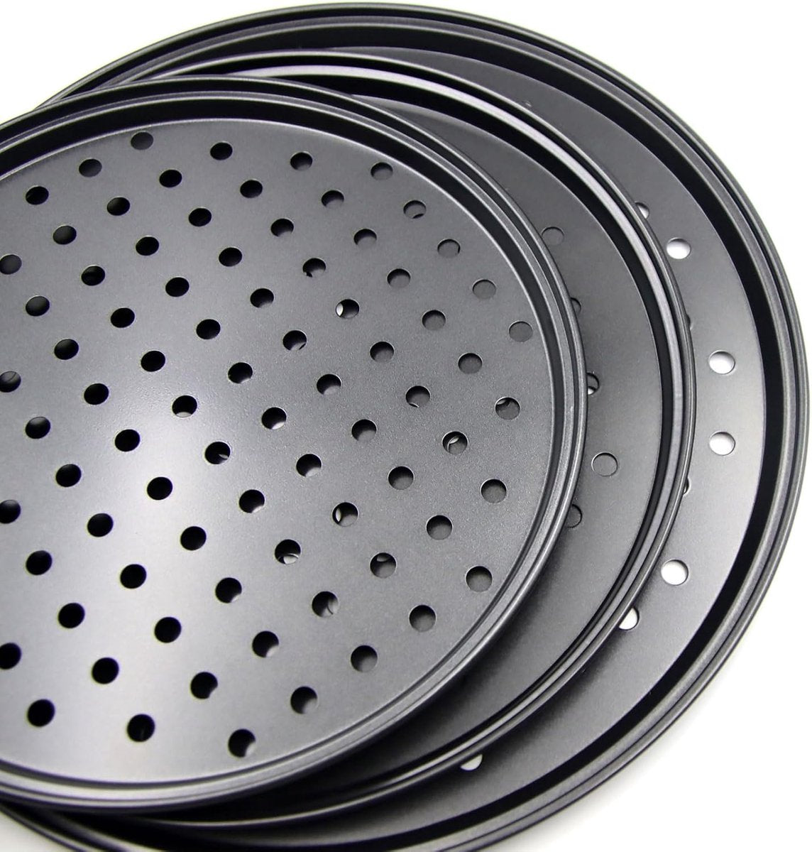 Pizza Baking Pan Set - Pizza Stone Set - Pizza Platter | Pizza Baking Tray | Pizza Plate - Carbon Steel - With Ventilation Holes - Oven-Safe - Home | Kitchen | Dining Room (26cm & 28cm & 32cm)