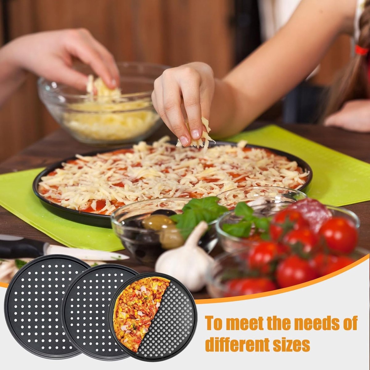 Pizza Baking Pan Set - Pizza Stone Set - Pizza Platter | Pizza Baking Tray | Pizza Plate - Carbon Steel - With Ventilation Holes - Oven-Safe - Home | Kitchen | Dining Room (26cm & 28cm & 32cm)