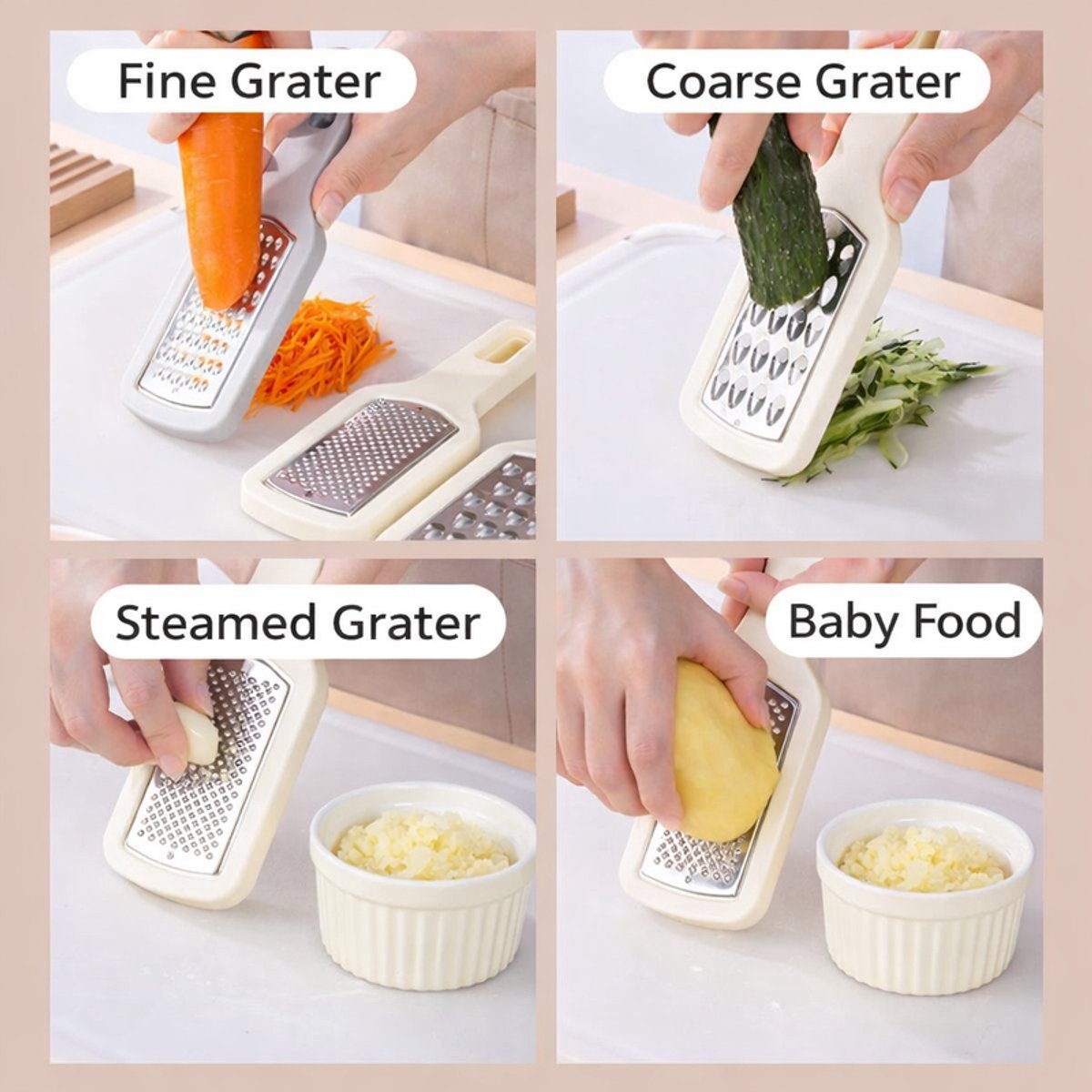 Grater - 3-piece set - Hand grater - Cheese grater - Ginger grater - Garlic grater - Stainless steel - Dishwasher safe - Silver