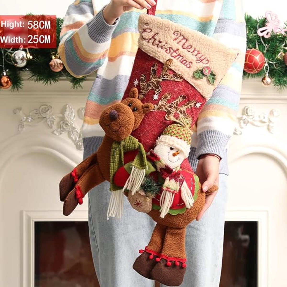 Gift Bags - 23 Inch Christmas Stockings - Santa and Reindeer Pattern - Extra Soft Plush Cuff - Classic Christmas Stocking Decoration - Perfect for Family Holiday Decor（B）