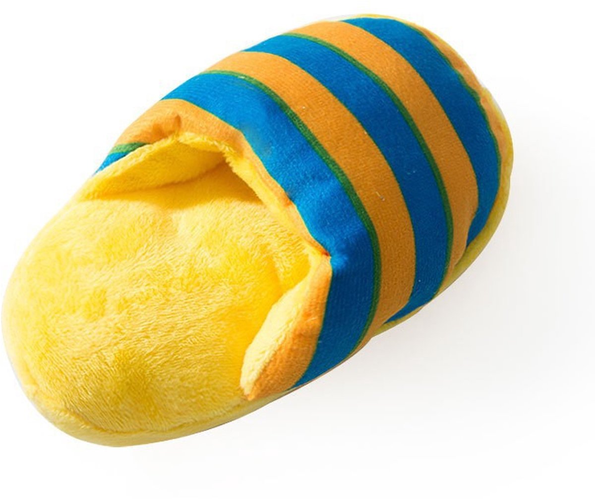 Dog Toys - Dog Cuddly Toy - Slipper Shape - Interactive - Dog Toy - Yellow and Blue Stripes