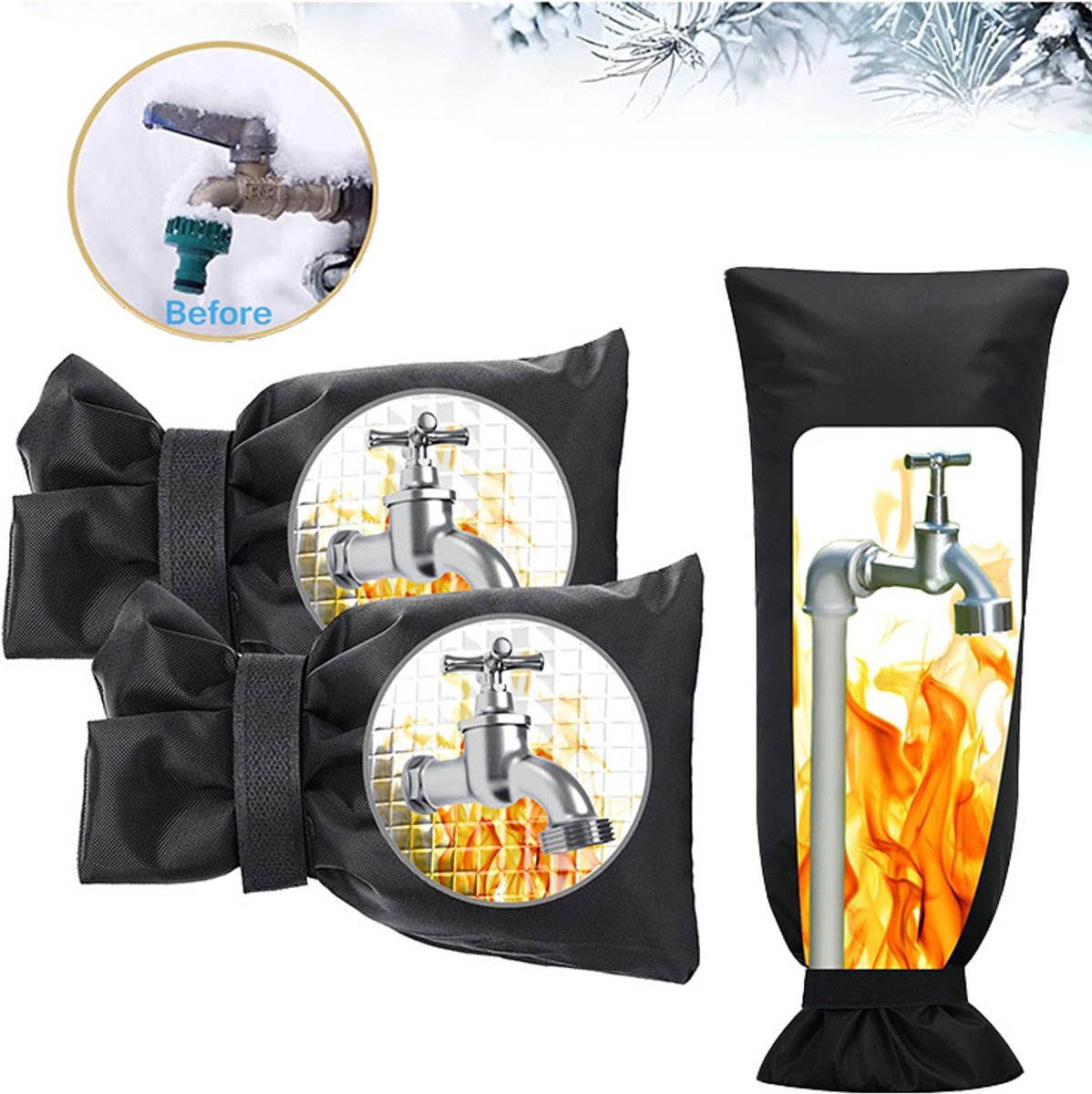 Anti-freeze cover for water taps - 3-piece pack - Insulated anti-freeze cover - Protective cover for water pipes against ice formation