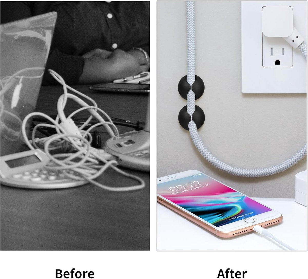 Pack of 12 Cable Clips - Black, Self-Adhesive Cable Organizer - Charger Holder - Cable Organizer - Suitable for bedside tables, desks, offices and for storing mice.