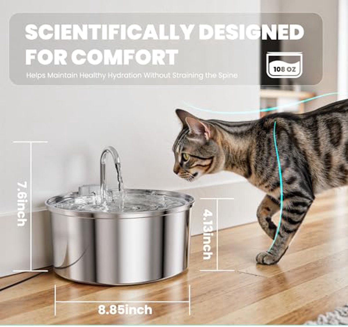 Cat Drinking Fountain - Quiet Drinking Fountain for Cats - 3.2L Stainless Steel Water Fountain with Filter - Cat Water Fountain - Cat Drinking Bowl - Includes 4 Cat Fountain Filters - for Cats and Dogs