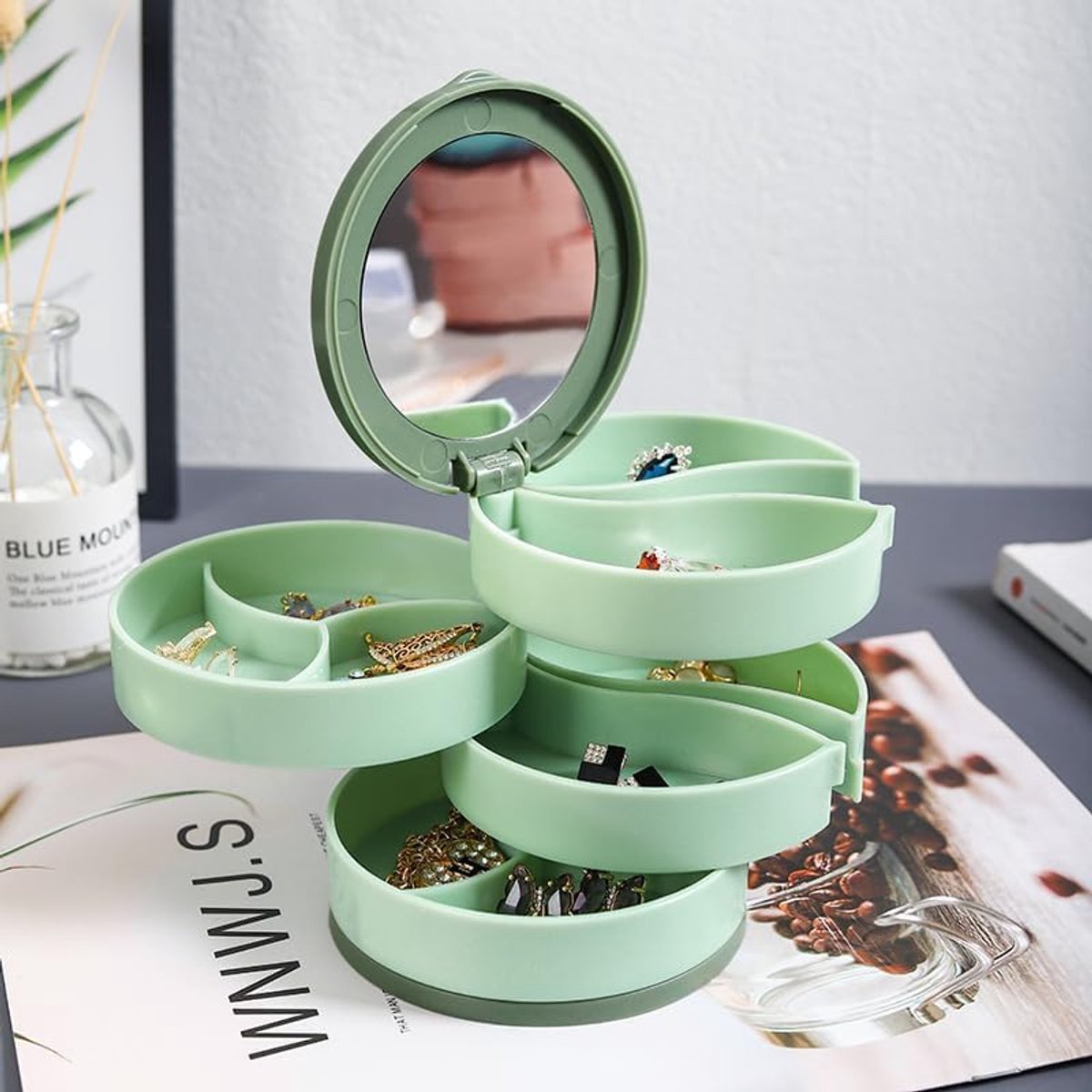 Jewelry Box - Foldable Storage Box - Rotating Jewelry Box with Multiple Layers - Elegant Storage Box for Earrings - Dust-free and Compact - Suitable for Earrings and Jewelry (Vegetable)