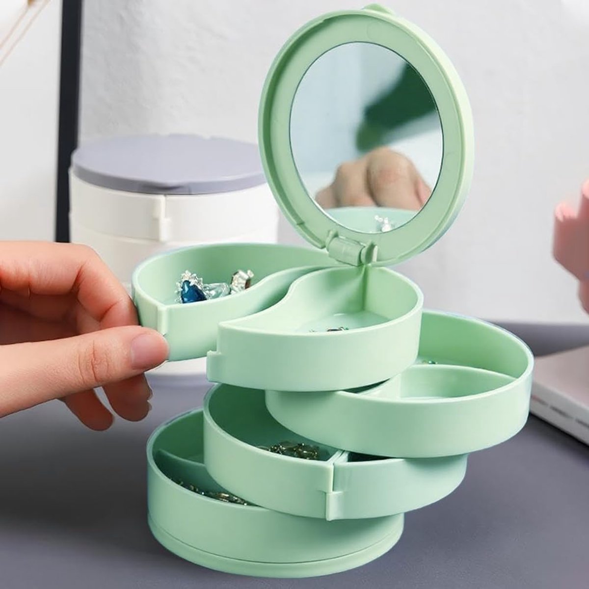 Jewelry Box - Foldable Storage Box - Rotating Jewelry Box with Multiple Layers - Elegant Storage Box for Earrings - Dust-free and Compact - Suitable for Earrings and Jewelry (Vegetable)