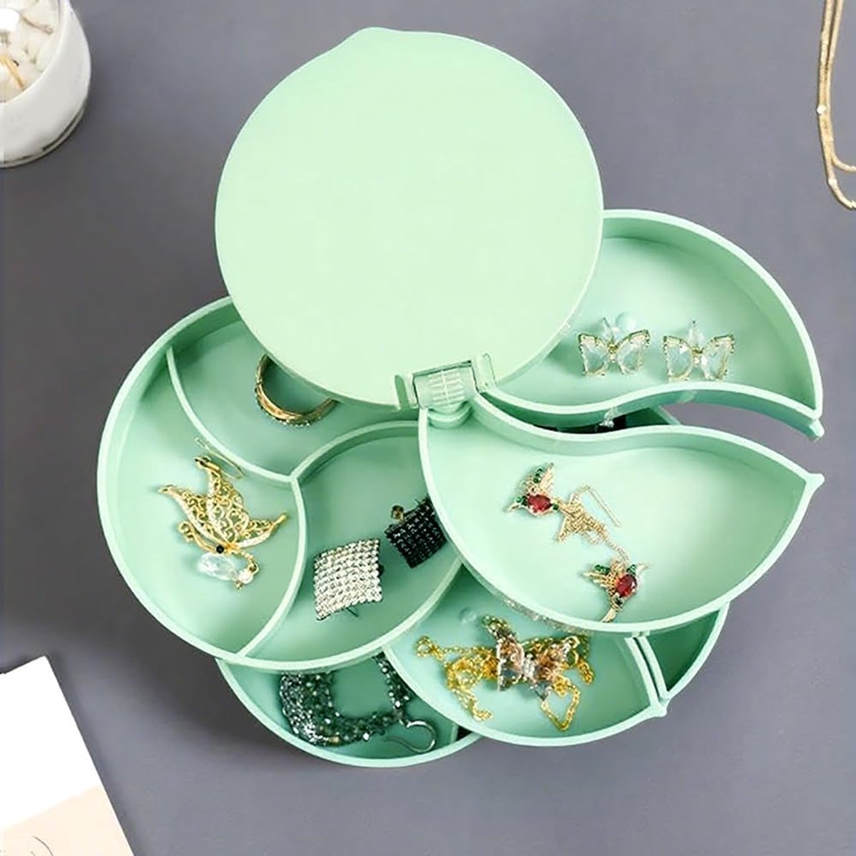 Jewelry Box - Foldable Storage Box - Rotating Jewelry Box with Multiple Layers - Elegant Storage Box for Earrings - Dust-free and Compact - Suitable for Earrings and Jewelry (Vegetable)