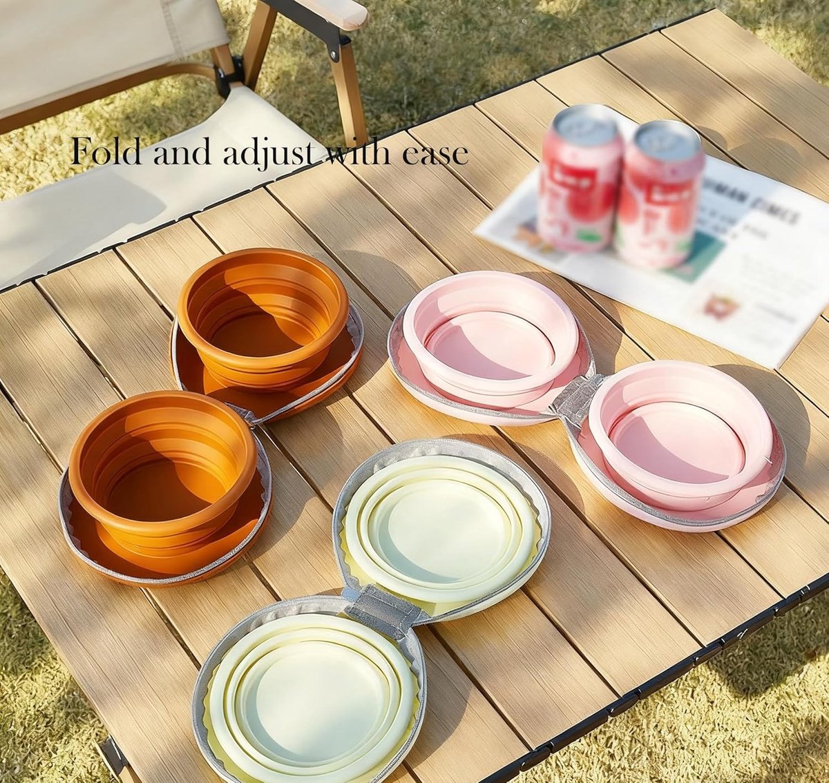 Dog Food Bowl - Foldable Dog Food Bowl - Outdoor Pet Food Bowl - 2-in-1 Dog Food Bowl - with Zippered Storage Bag and Carabiner - Suitable for Travel, Hiking, Camping and Other Activities (Beige)