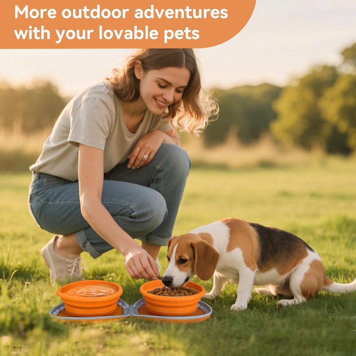 Dog Food Bowl - Foldable Dog Food Bowl - Outdoor Pet Food Bowl - 2-in-1 Dog Food Bowl - with Zippered Storage Bag and Carabiner - Suitable for Travel, Hiking, Camping and Other Activities (Beige)