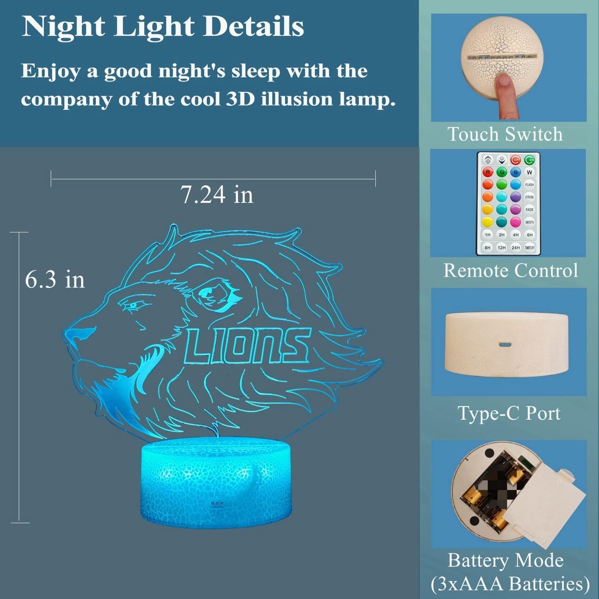 Night Light for Kids - 3D - Baby Night Light - 16 Color Changes - With Remote Control and Timer - RGB Flashing Mode - Bedroom Table Lamp - Lion Light - Christmas and Birthday Gift