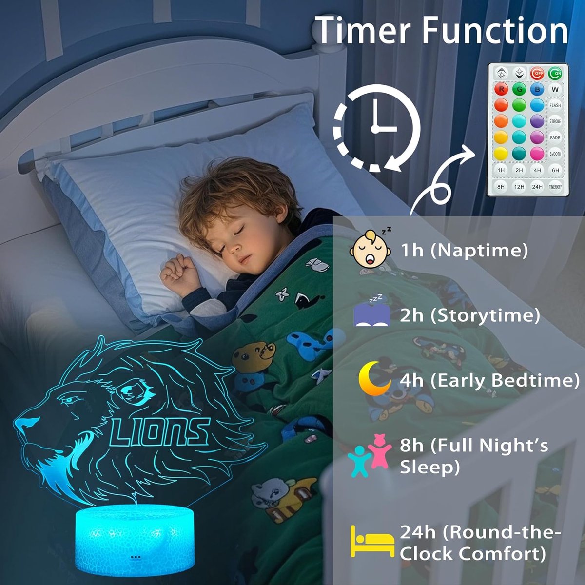 Night Light for Kids - 3D - Baby Night Light - 16 Color Changes - With Remote Control and Timer - RGB Flashing Mode - Bedroom Table Lamp - Lion Light - Christmas and Birthday Gift